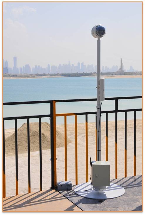 On its pole, facing the Dubai skyline.