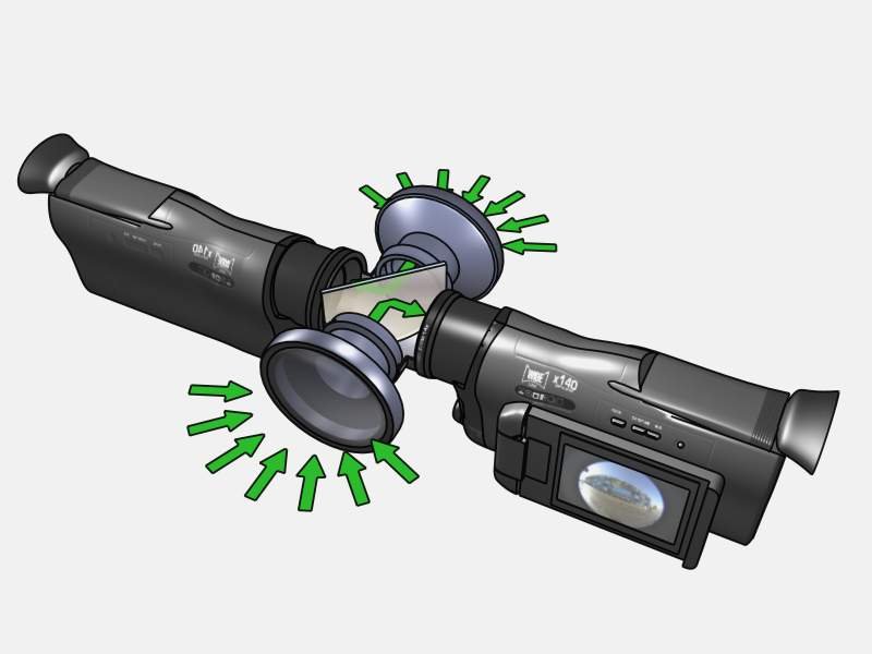 The principle: two camcorders facing each other, light folded in from both sides.