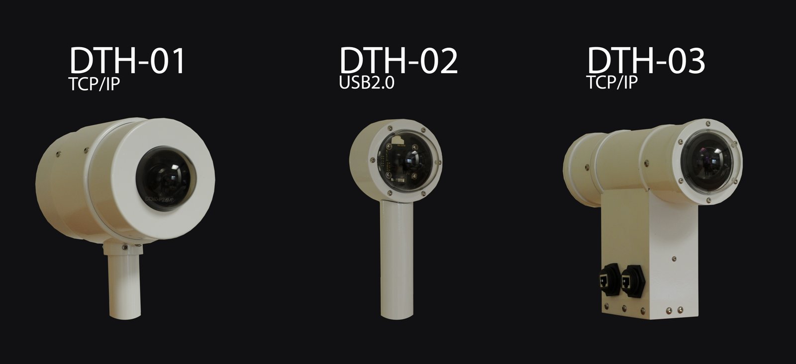 Prototype family: DTH-01 (TCP/IP), DTH-02 (USB 2.0), DTH-03 (TCP/IP).